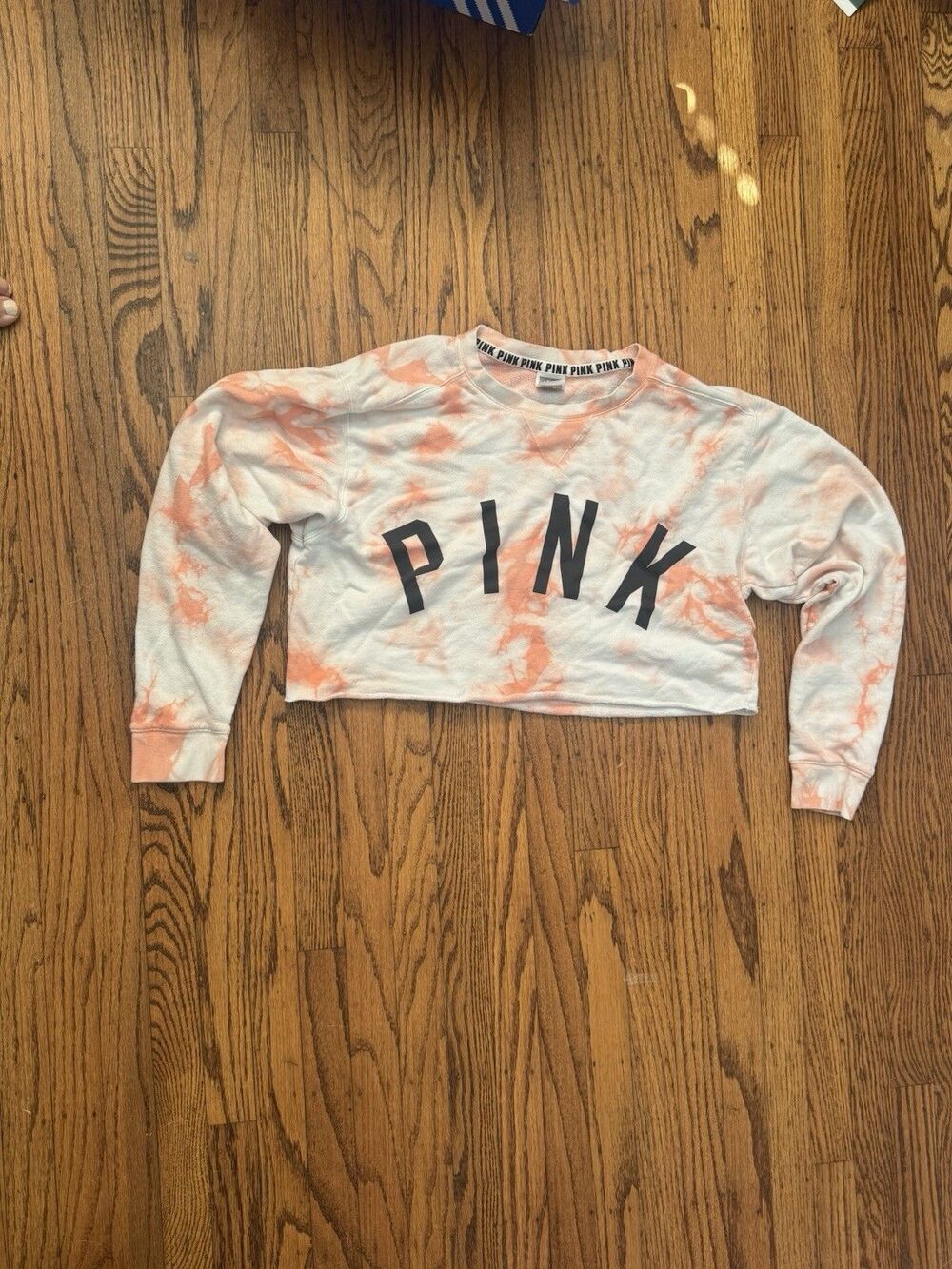 Victoria's Secret PINK Cropped Crewneck Sweatshirt Orange Tie Dye Logo Womens S